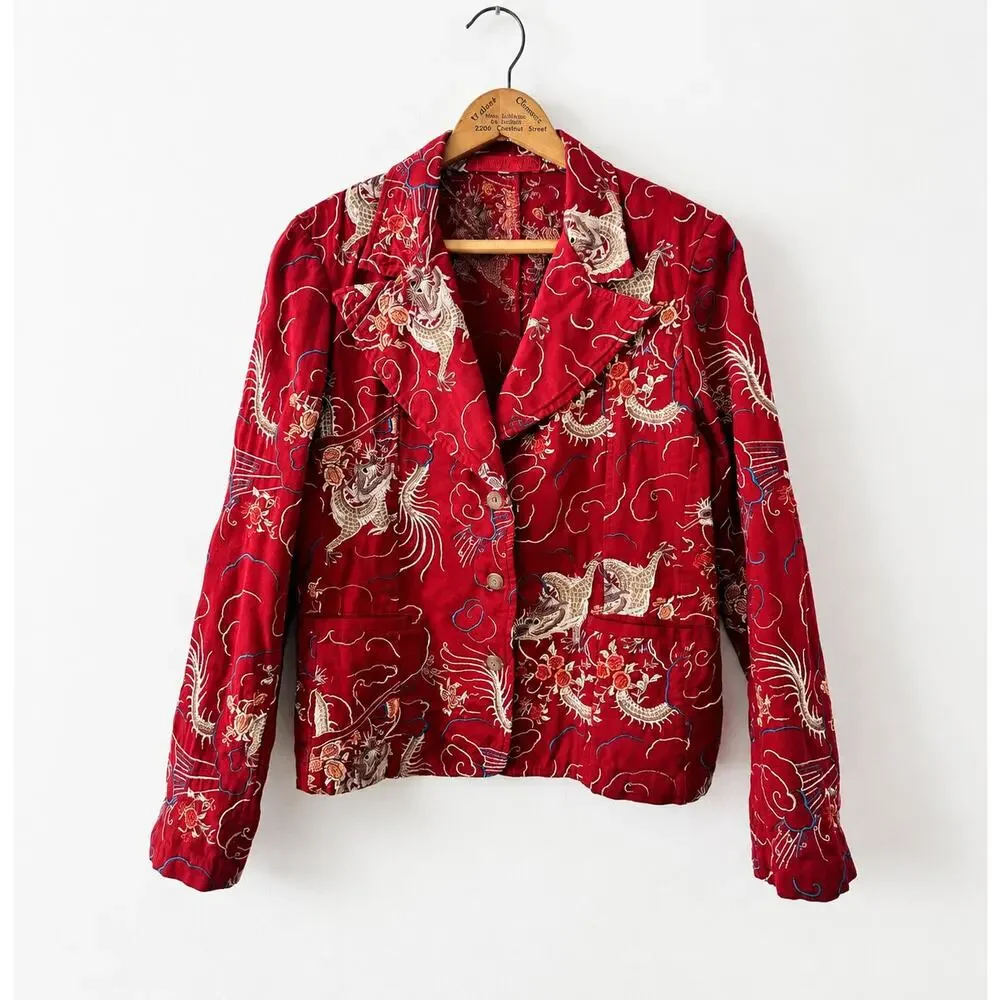 Johnny Was Embroidered Dragon Print Red Blazer Size Small Y2KRed Chinoiserie